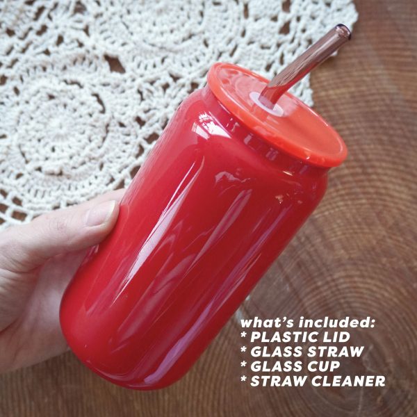 16oz Glass Can with Plastic Lid and Glass Straw | Solid Candy Apple Fashion - Image 3