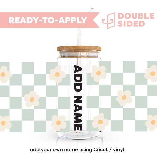 [ Double Sided ] 16oz Cup UV DTF Decal | Blue Checkered With Daisy Flower [ Add Your Own Name ] For Discount